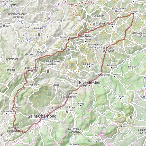 Miniaturekort af cykelinspirationen "Gravel Eventyr i Saint-Christo-en-Jarez" i Rhône-Alpes, France. Genereret af Tarmacs.app cykelruteplanlægger