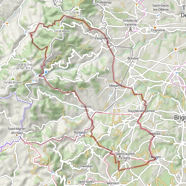 Mapa miniatúra "Gravel Route to Marmottes" cyklistická inšpirácia v Rhône-Alpes, France. Vygenerované cyklistickým plánovačom trás Tarmacs.app
