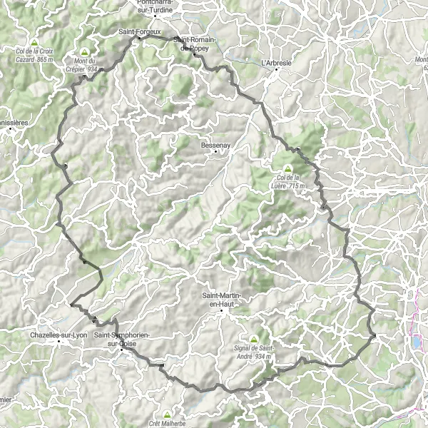 Map miniature of "The Mountain Challenge" cycling inspiration in Rhône-Alpes, France. Generated by Tarmacs.app cycling route planner