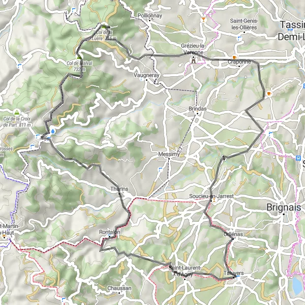 Miniature de la carte de l'inspiration cycliste "Les Châteaux et Les Montagnes" dans la Rhône-Alpes, France. Générée par le planificateur d'itinéraire cycliste Tarmacs.app