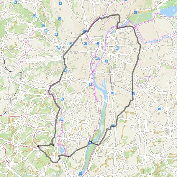 Zemljevid v pomanjšavi "Uživajte v raznolikih atrakcijah na 65 km dolgi poti" kolesarske inspiracije v Rhône-Alpes, France. Generirano z načrtovalcem kolesarskih poti Tarmacs.app