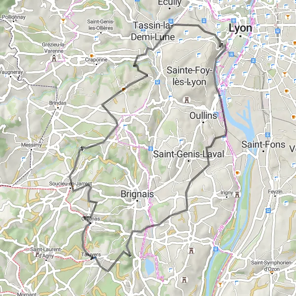 Kartminiatyr av "Oppdag Orliénas og Vourles på landeveien" sykkelinspirasjon i Rhône-Alpes, France. Generert av Tarmacs.app sykkelrutoplanlegger