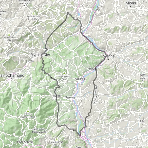 Miniaturekort af cykelinspirationen "Landevejsrute fra Taluyers til Taluyers" i Rhône-Alpes, France. Genereret af Tarmacs.app cykelruteplanlægger