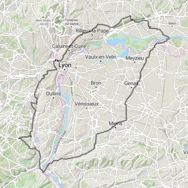 Miniature de la carte de l'inspiration cycliste "Tour de l'Ouest Lyonnais" dans la Rhône-Alpes, France. Générée par le planificateur d'itinéraire cycliste Tarmacs.app
