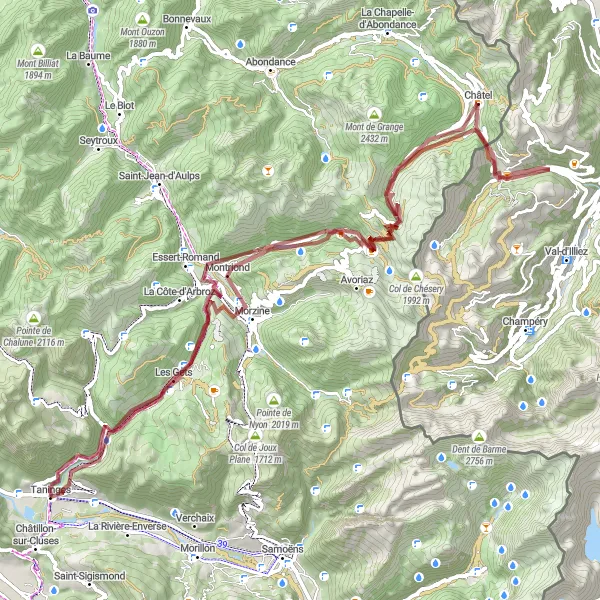 Miniature de la carte de l'inspiration cycliste "Aventure Gravel dans les Alpes" dans la Rhône-Alpes, France. Générée par le planificateur d'itinéraire cycliste Tarmacs.app