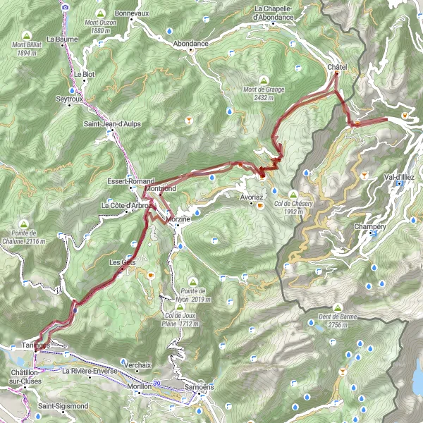 Miniaturekort af cykelinspirationen "Udforsk Morzine og Les Lindarets på gravelcykel" i Rhône-Alpes, France. Genereret af Tarmacs.app cykelruteplanlægger