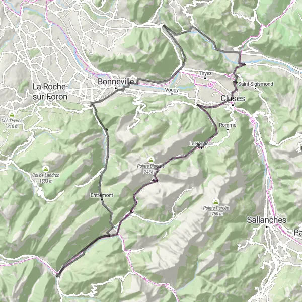 Karttaminiaatyyri "Haastava reitti Clusen ja Mieussyn kautta" pyöräilyinspiraatiosta alueella Rhône-Alpes, France. Luotu Tarmacs.app pyöräilyreittisuunnittelijalla