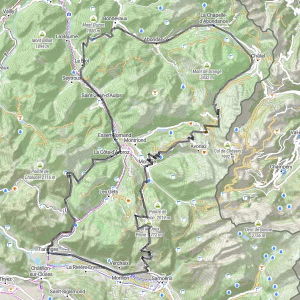 Zemljevid v pomanjšavi "Taninges - Avoriaz - Morzine - Taninges" kolesarske inspiracije v Rhône-Alpes, France. Generirano z načrtovalcem kolesarskih poti Tarmacs.app