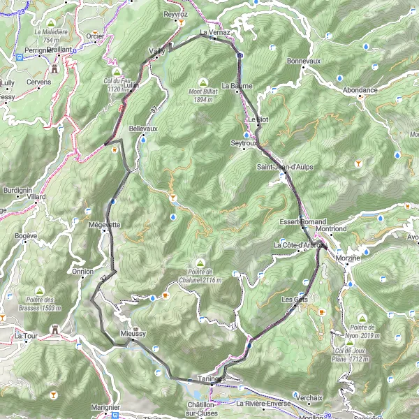 Zemljevid v pomanjšavi "Taninges - Col des Gets - Chartreuse de Mélan loop" kolesarske inspiracije v Rhône-Alpes, France. Generirano z načrtovalcem kolesarskih poti Tarmacs.app