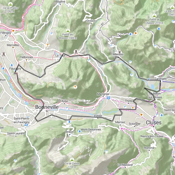 Miniatura della mappa di ispirazione al ciclismo "Giro in bicicletta da Taninges" nella regione di Rhône-Alpes, France. Generata da Tarmacs.app, pianificatore di rotte ciclistiche