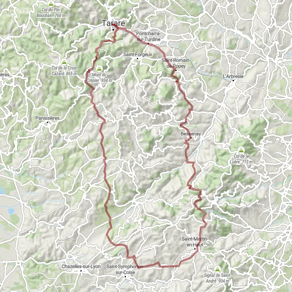 Miniatuurkaart van de fietsinspiratie "Gravelroute van Tarare naar Tarare via Pontcharra-sur-Turdine" in Rhône-Alpes, France. Gemaakt door de Tarmacs.app fietsrouteplanner