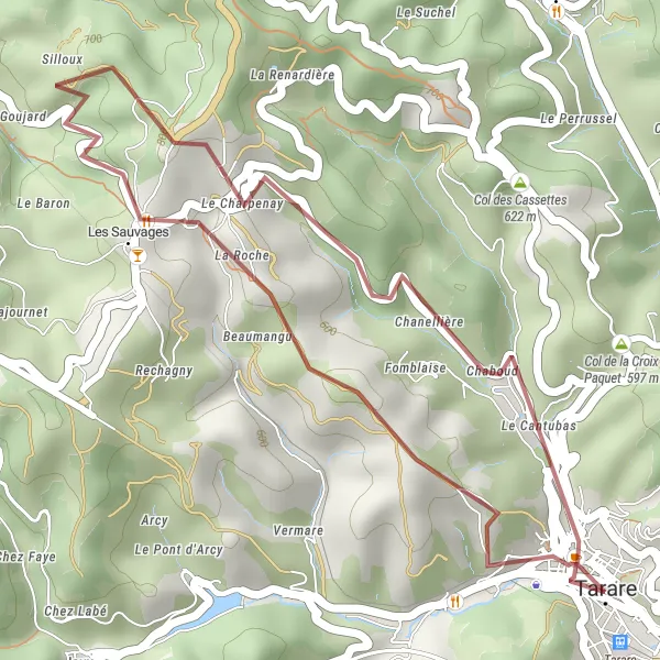 Miniatuurkaart van de fietsinspiratie "Gravelroute van Tarare naar Tarare via Les Sauvages" in Rhône-Alpes, France. Gemaakt door de Tarmacs.app fietsrouteplanner