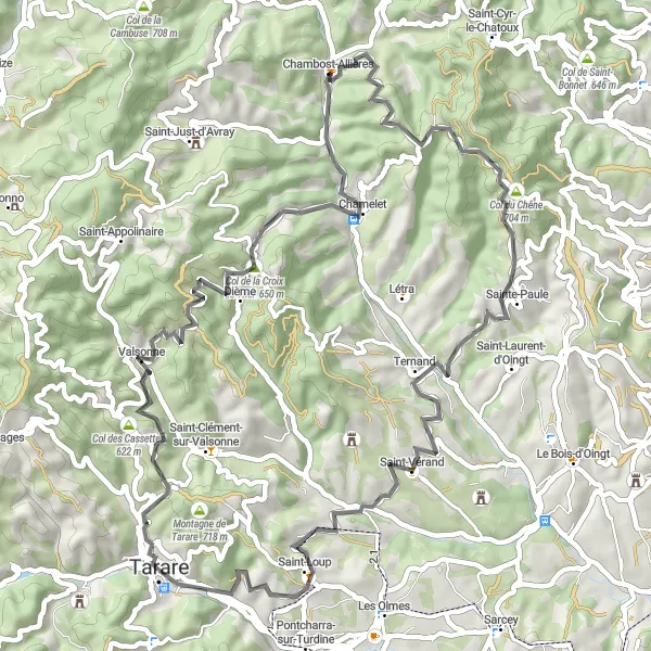 Miniature de la carte de l'inspiration cycliste "La Grande Boucle des Monts du Beaujolais" dans la Rhône-Alpes, France. Générée par le planificateur d'itinéraire cycliste Tarmacs.app