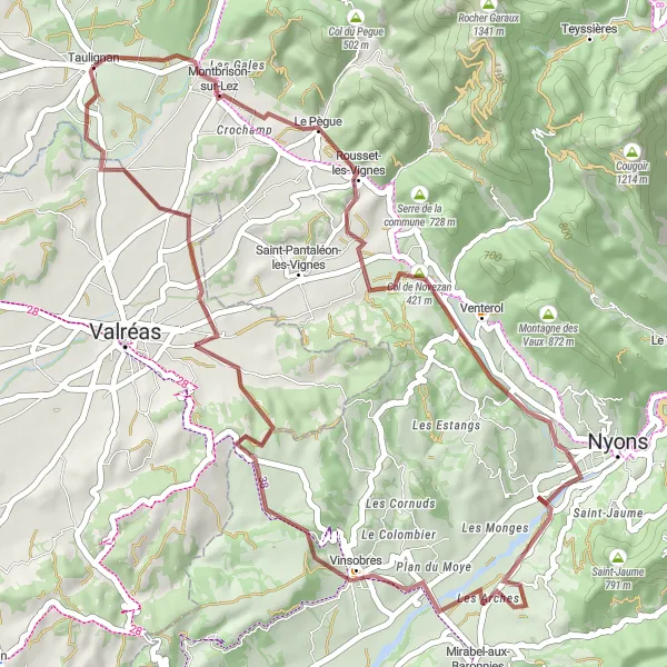 Miniature de la carte de l'inspiration cycliste "Boucle de Taulignan en Gravel" dans la Rhône-Alpes, France. Générée par le planificateur d'itinéraire cycliste Tarmacs.app