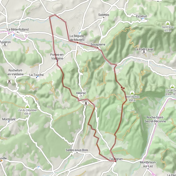 Miniatuurkaart van de fietsinspiratie "De La Bégude-de-Mazenc-gravelroute" in Rhône-Alpes, France. Gemaakt door de Tarmacs.app fietsrouteplanner
