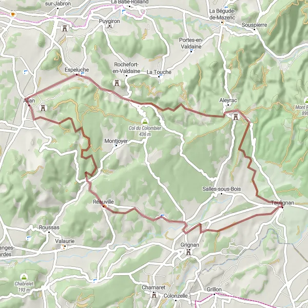 Miniature de la carte de l'inspiration cycliste "Les chemins de Réauville" dans la Rhône-Alpes, France. Générée par le planificateur d'itinéraire cycliste Tarmacs.app