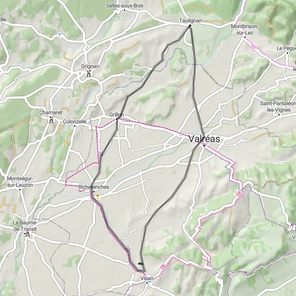 Miniature de la carte de l'inspiration cycliste "La balade tranquille autour de Valréas" dans la Rhône-Alpes, France. Générée par le planificateur d'itinéraire cycliste Tarmacs.app