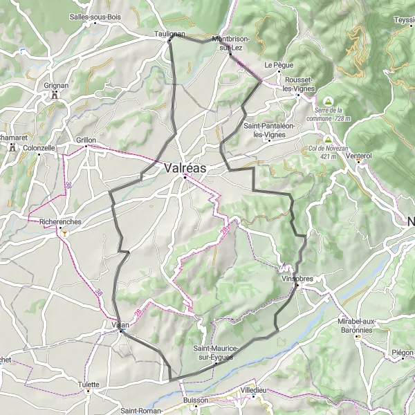 Miniature de la carte de l'inspiration cycliste "Promenade en Drôme Provençale" dans la Rhône-Alpes, France. Générée par le planificateur d'itinéraire cycliste Tarmacs.app