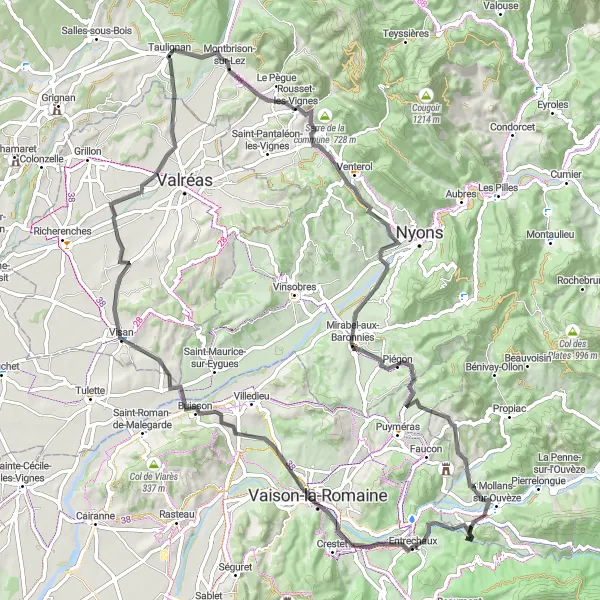 Miniature de la carte de l'inspiration cycliste "Escapade dans les Baronnies" dans la Rhône-Alpes, France. Générée par le planificateur d'itinéraire cycliste Tarmacs.app