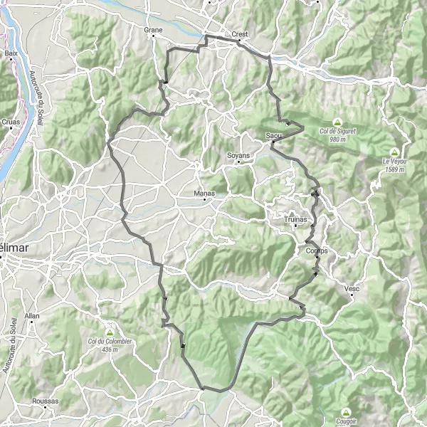 Miniature de la carte de l'inspiration cycliste "Défi des Cols" dans la Rhône-Alpes, France. Générée par le planificateur d'itinéraire cycliste Tarmacs.app