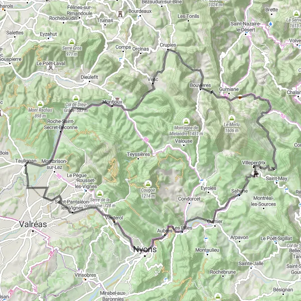 Miniature de la carte de l'inspiration cycliste "Parcours routier autour de Taulignan" dans la Rhône-Alpes, France. Générée par le planificateur d'itinéraire cycliste Tarmacs.app