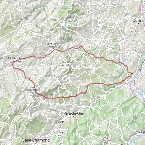 Miniaturní mapa "Výlet po kopcovité krajině" inspirace pro cyklisty v oblasti Rhône-Alpes, France. Vytvořeno pomocí plánovače tras Tarmacs.app