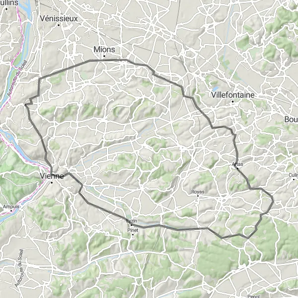 Karttaminiaatyyri "Maisemallinen pyöräilyreitti Rhônen laaksossa" pyöräilyinspiraatiosta alueella Rhône-Alpes, France. Luotu Tarmacs.app pyöräilyreittisuunnittelijalla