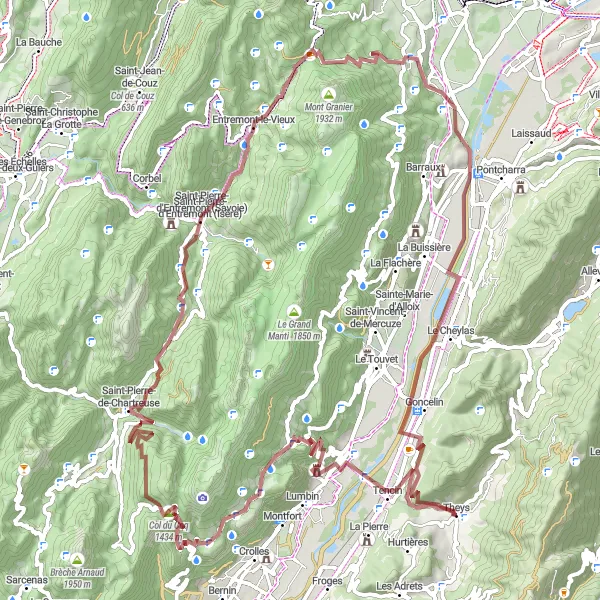 Kartminiatyr av "Grusvei sykkeltur til Plateau-des-Petites-Roches" sykkelinspirasjon i Rhône-Alpes, France. Generert av Tarmacs.app sykkelrutoplanlegger