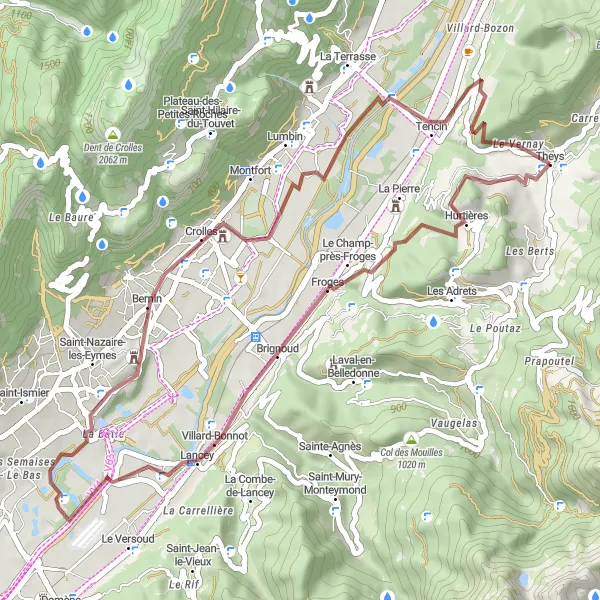 Mapa miniatúra "Trasa okolo Theys" cyklistická inšpirácia v Rhône-Alpes, France. Vygenerované cyklistickým plánovačom trás Tarmacs.app