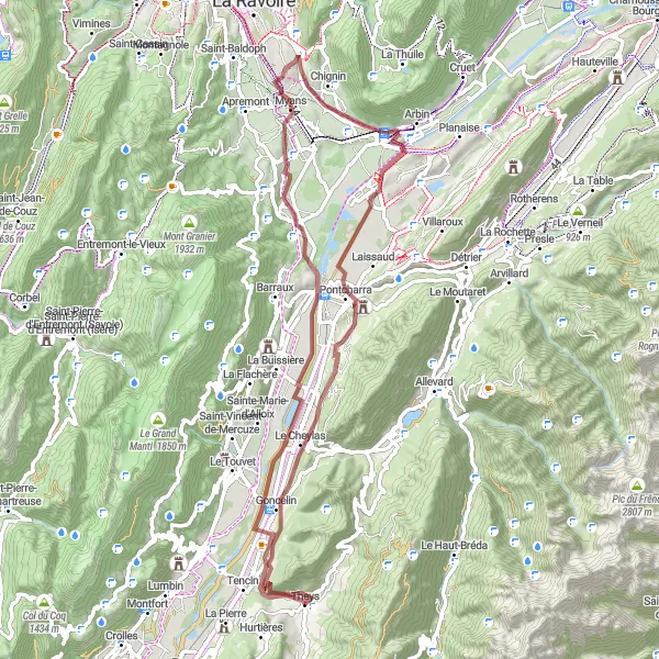 Map miniature of "Scenic Gravel Ride from Theys to Pontcharra" cycling inspiration in Rhône-Alpes, France. Generated by Tarmacs.app cycling route planner