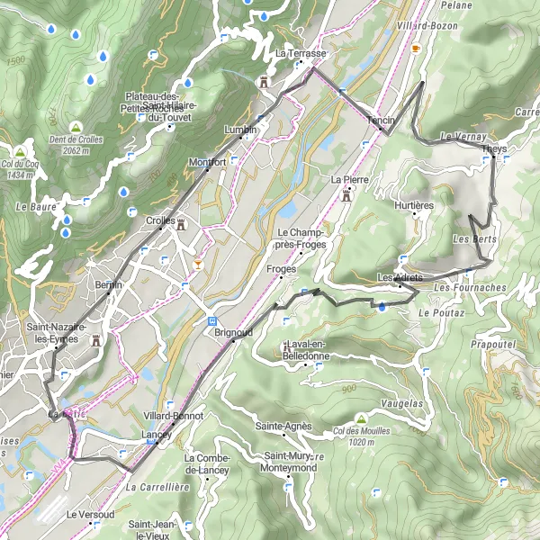 Map miniature of "Theys and the Panorama du Grésivaudan Road Loop" cycling inspiration in Rhône-Alpes, France. Generated by Tarmacs.app cycling route planner