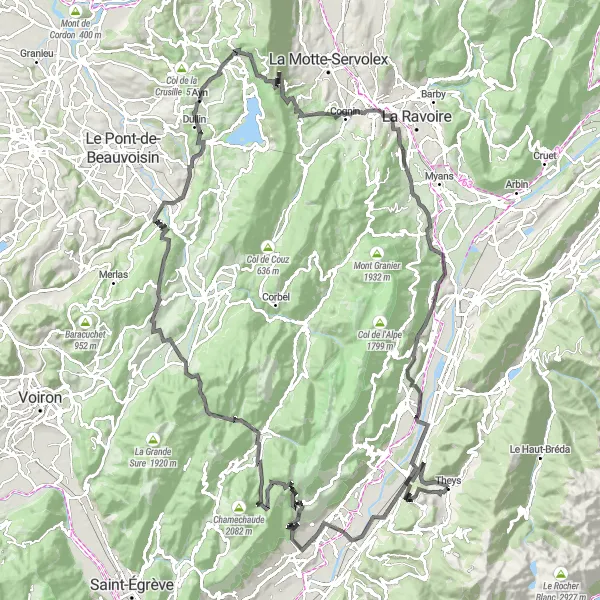 Kartminiatyr av "Utfordrende sykkeltur fra Theys til Tencin" sykkelinspirasjon i Rhône-Alpes, France. Generert av Tarmacs.app sykkelrutoplanlegger