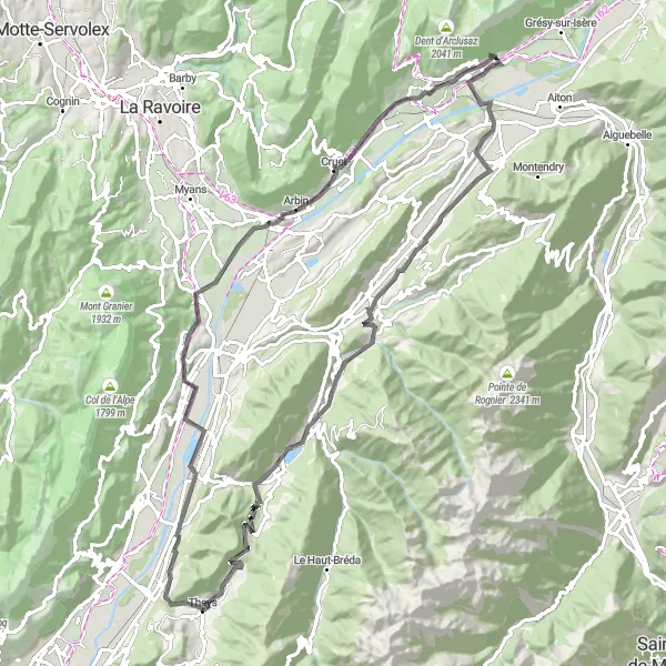 Map miniature of "Theys to Villard-Léger Road Ride" cycling inspiration in Rhône-Alpes, France. Generated by Tarmacs.app cycling route planner