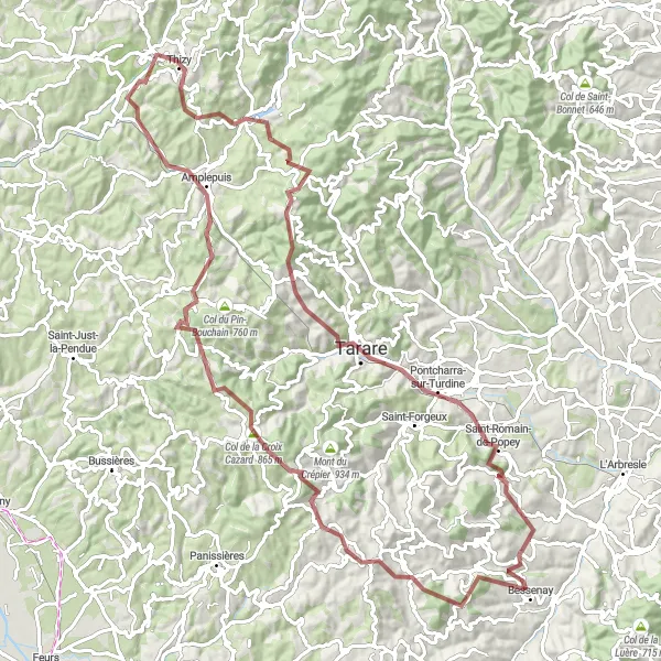 Miniature de la carte de l'inspiration cycliste "Aventure gravel en Rhône-Alpes" dans la Rhône-Alpes, France. Générée par le planificateur d'itinéraire cycliste Tarmacs.app