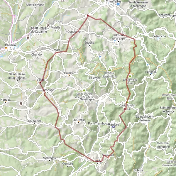 Map miniature of "Gravel Adventure in Thizy-les-Bourgs" cycling inspiration in Rhône-Alpes, France. Generated by Tarmacs.app cycling route planner