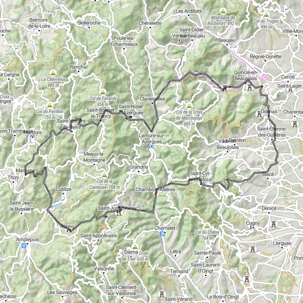 Karten-Miniaturansicht der Radinspiration "Straßenroute von Thizy-les-Bourgs nach Saint-Vincent-de-Reins" in Rhône-Alpes, France. Erstellt vom Tarmacs.app-Routenplaner für Radtouren