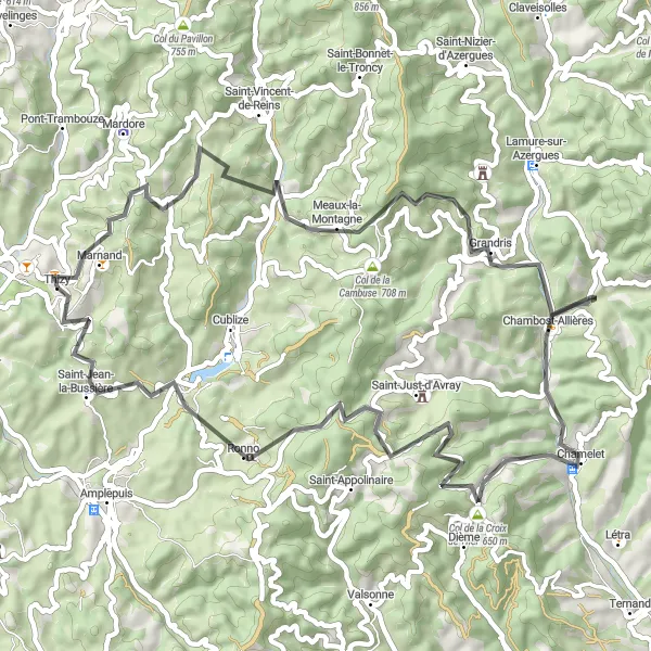 Map miniature of "Scenic Delights and Challenging Climbs" cycling inspiration in Rhône-Alpes, France. Generated by Tarmacs.app cycling route planner