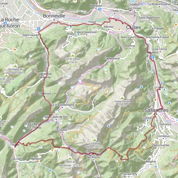 Miniaturní mapa "Thônes - Saint-Pierre-en-Faucigny - Thyez - La Dent - Cordon - La Giettaz-en-Aravis - Col des Aravis - Abri de la Taverne - Thônes" inspirace pro cyklisty v oblasti Rhône-Alpes, France. Vytvořeno pomocí plánovače tras Tarmacs.app