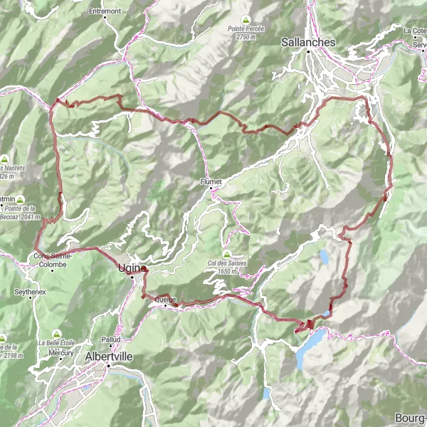 Miniatuurkaart van de fietsinspiratie "Gravelroute naar Col des Aravis en Les Contamines-Montjoie" in Rhône-Alpes, France. Gemaakt door de Tarmacs.app fietsrouteplanner