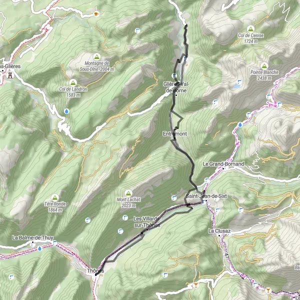 Miniature de la carte de l'inspiration cycliste "Boucle autour de Thônes" dans la Rhône-Alpes, France. Générée par le planificateur d'itinéraire cycliste Tarmacs.app