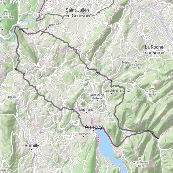 Miniaturní mapa "Thônes - Veyrier-du-Lac - Table d'orientation - La Tête - Sillingy - Crêt de Charmont - Chessenaz - Valleiry - Col du Mont Sion - Groisy - Dingy-Saint-Clair - Tête à Turpin - Thônes" inspirace pro cyklisty v oblasti Rhône-Alpes, France. Vytvořeno pomocí plánovače tras Tarmacs.app
