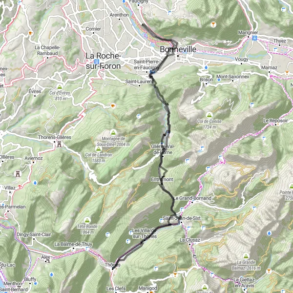 Kartminiatyr av "Alpvägar och slott i närheten av Thônes" cykelinspiration i Rhône-Alpes, France. Genererad av Tarmacs.app cykelruttplanerare