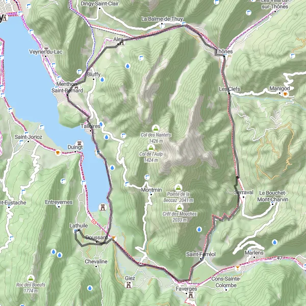 Miniaturní mapa "Thônes - Col des Marais - Roc de Viuz - Lathuile - Col de Bluffy - Alex - Aire de loisirs des Ecureuils - Thônes" inspirace pro cyklisty v oblasti Rhône-Alpes, France. Vytvořeno pomocí plánovače tras Tarmacs.app