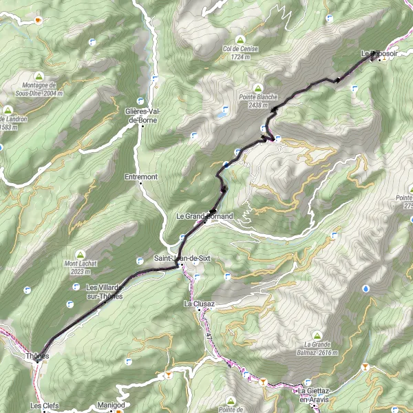 Map miniature of "Scenic Road Ride to Thônes" cycling inspiration in Rhône-Alpes, France. Generated by Tarmacs.app cycling route planner