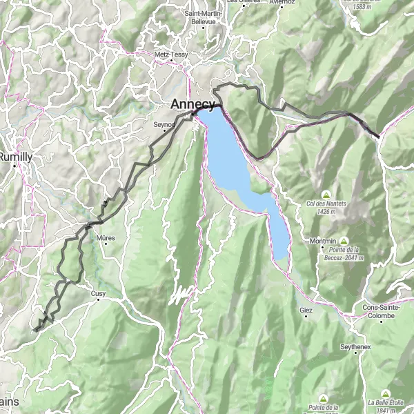 Map miniature of "Road Cycling Route to Dingy-Saint-Clair" cycling inspiration in Rhône-Alpes, France. Generated by Tarmacs.app cycling route planner