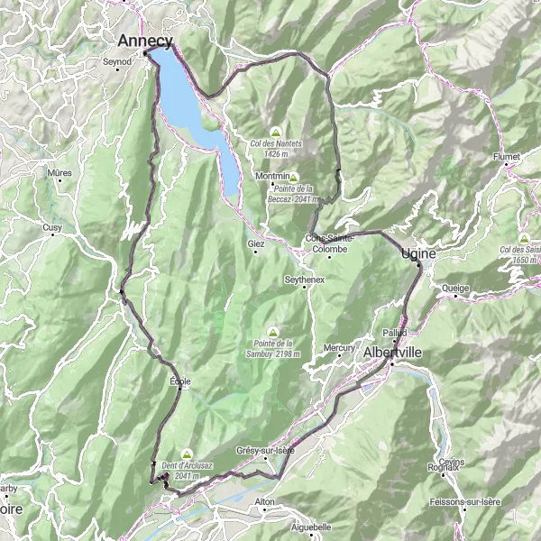 Map miniature of "Thônes to Aire de loisirs des Ecureuils via Col de Bluffy and Annecy" cycling inspiration in Rhône-Alpes, France. Generated by Tarmacs.app cycling route planner