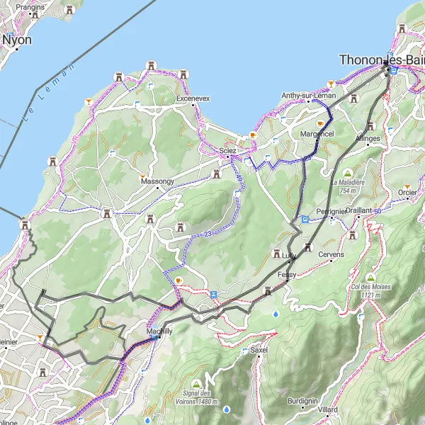 Miniature de la carte de l'inspiration cycliste "Promenade pittoresque à travers La Maladière et Fessy" dans la Rhône-Alpes, France. Générée par le planificateur d'itinéraire cycliste Tarmacs.app