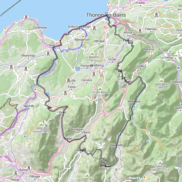Miniature de la carte de l'inspiration cycliste "Montée pittoresque à travers Lyaud, Mégevette et Bons-en-Chablais" dans la Rhône-Alpes, France. Générée par le planificateur d'itinéraire cycliste Tarmacs.app
