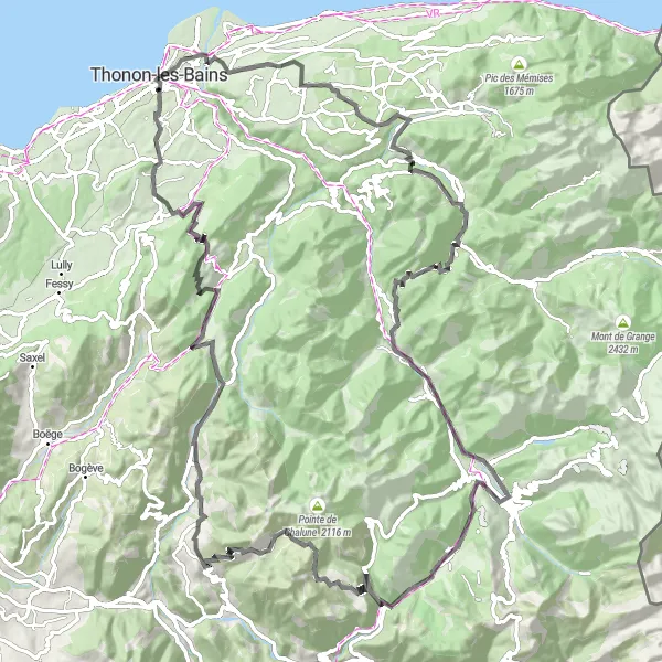 Miniature de la carte de l'inspiration cycliste "Tour des Alpes du Léman" dans la Rhône-Alpes, France. Générée par le planificateur d'itinéraire cycliste Tarmacs.app
