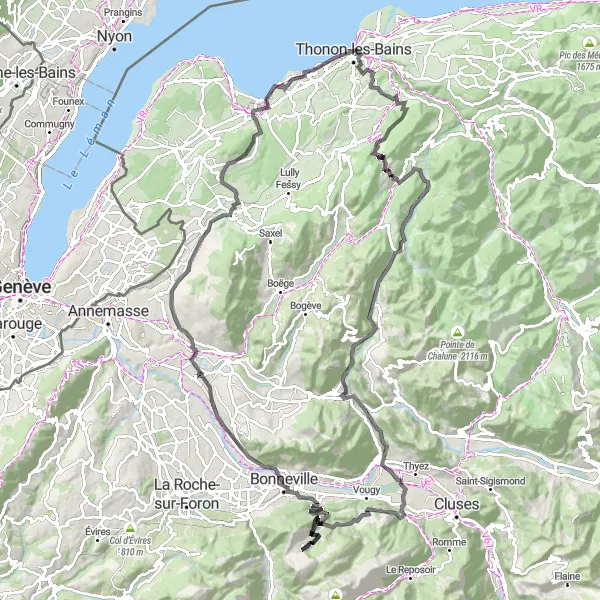Miniature de la carte de l'inspiration cycliste "Aventure épique à Mégevette, Brison et Bonneville" dans la Rhône-Alpes, France. Générée par le planificateur d'itinéraire cycliste Tarmacs.app